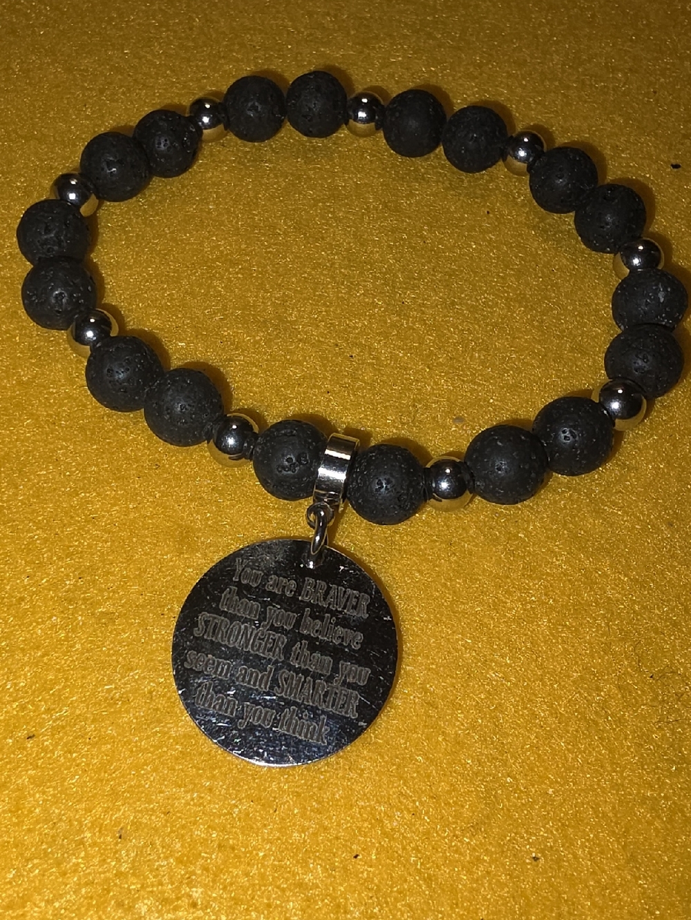 Inspirational Lava Stone Beaded Bracelet with Silver Charm - Black